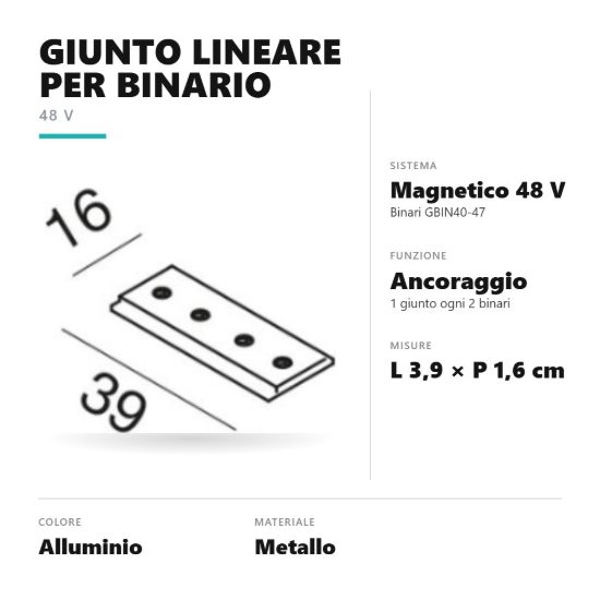 Gea luce gbig02 giunto lineare di ancoraggio per binario magnetico 48v da superficie alluminio