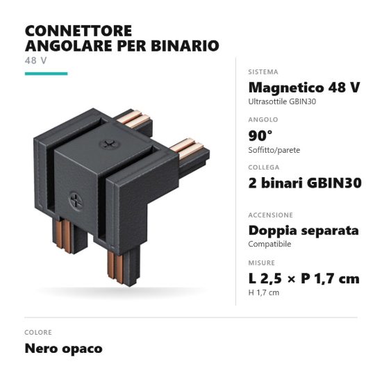 Gea luce gbiga2 connettore 90° soffitto-parete per binario magnetico 48v ultrasottile nero