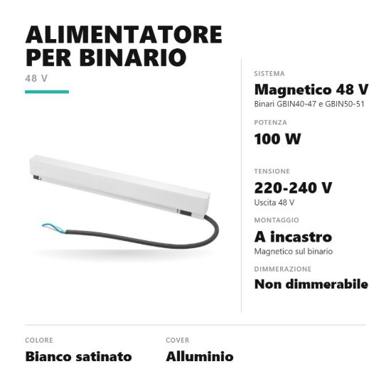 Gea luce gbitr10 alimentatore 100w a incastro magnetico per binario magnetico 48v bianco satinato