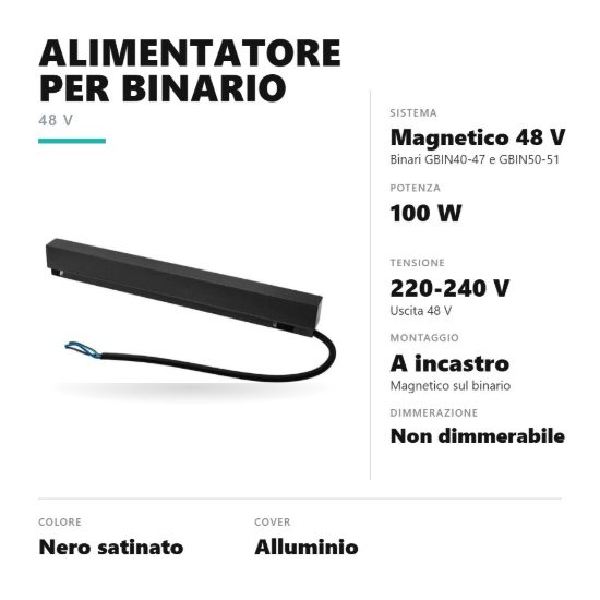 Gea luce gbitr10 alimentatore 100w a incastro magnetico per binario magnetico 48v nero satinato