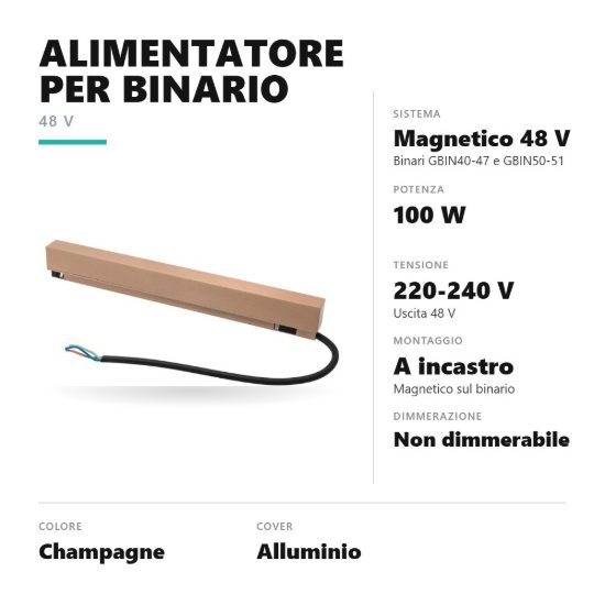 Gea luce gbitr10 alimentatore 100w a incastro magnetico per binario magnetico 48v champagne