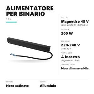 Gea luce gbitr20 alimentatore 200w a incastro magnetico per binario magnetico 48v nero satinato