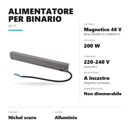 Gea luce gbitr20 alimentatore 200w a incastro magnetico per binario magnetico 48v nichel scuro