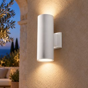 Gea luce amon applique da esterno a cilindro biemissione bianca 2xe27 ip65