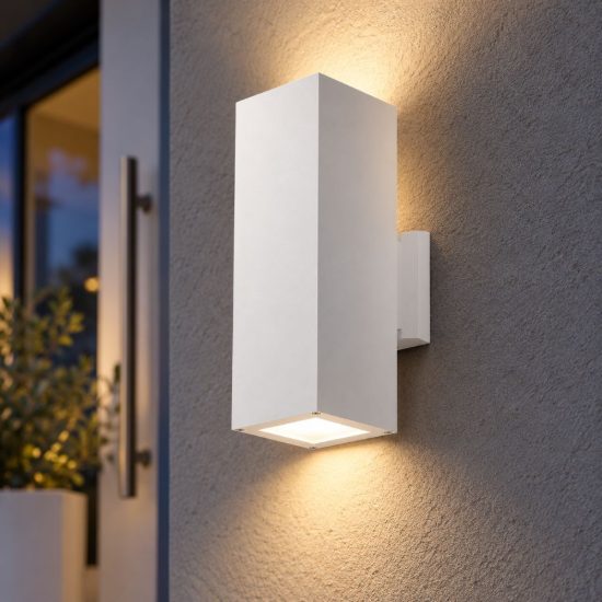 Gea luce amon applique da esterno rettangolare biemissione bianca 2xe27 ip65