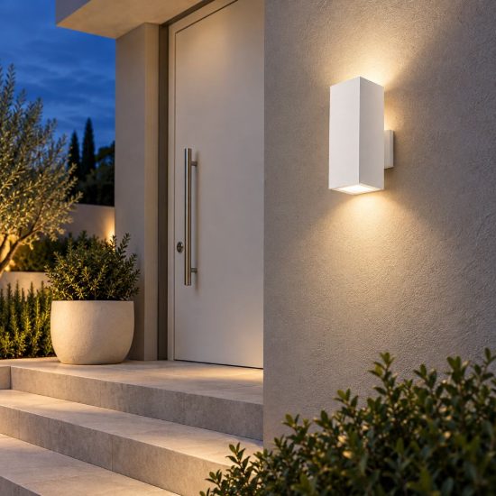 Gea luce amon applique da esterno rettangolare biemissione bianca 2xe27 ip65