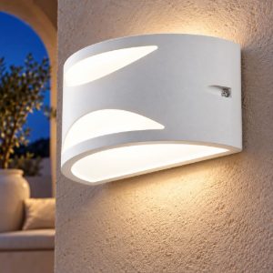 Gea luce ges1040 applique da esterno curva biemissione con decoro bianca e27 ip54