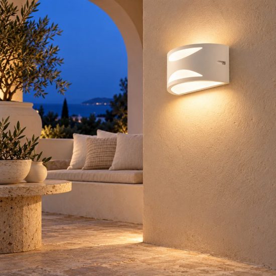 Gea luce ges1040 applique da esterno curva biemissione con decoro bianca e27 ip54