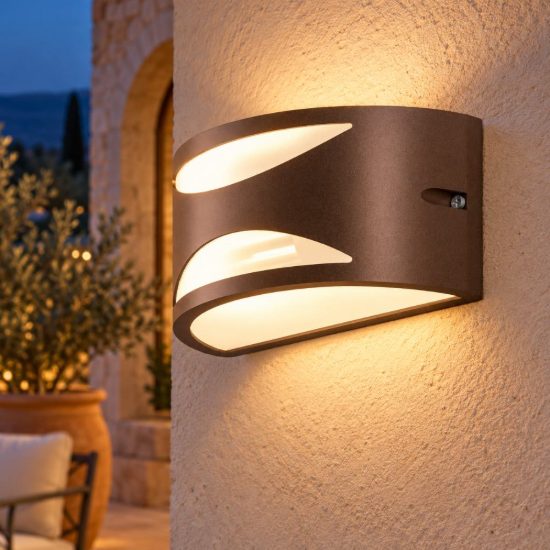 Gea luce ges1040 applique da esterno curva biemissione con decoro marrone e27 ip54