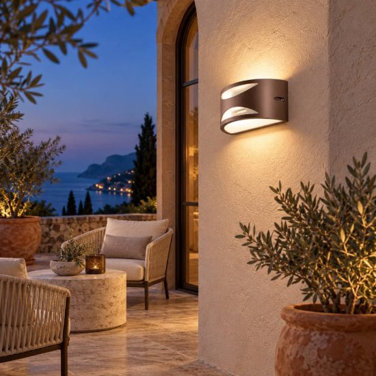 Gea luce ges1040 applique da esterno curva biemissione con decoro marrone e27 ip54
