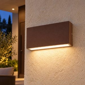 Gea luce ges2210 applique da esterno biemissione piccola marrone led 2x5w cct 3000-5000k ip65