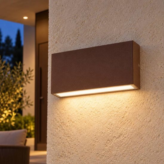 Gea luce ges2210 applique da esterno biemissione piccola marrone led 2x5w cct 3000-5000k ip65