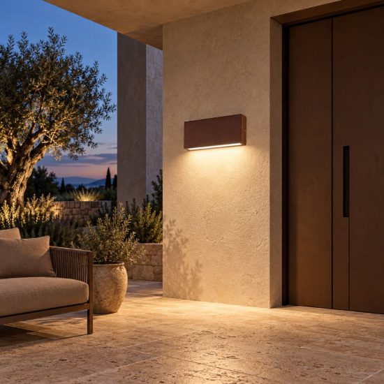 Gea luce ges2210 applique da esterno biemissione piccola marrone led 2x5w cct 3000-5000k ip65