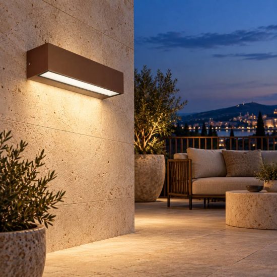Gea luce ges2240 applique da esterno biemissione media marrone led 2x10w cct 3000-5000k ip65