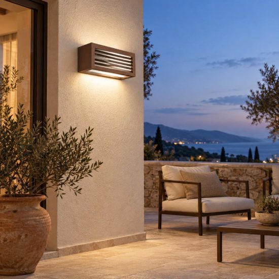 Gea luce ges310 applique da esterno rettangolare biemissione marrone e27 ip54