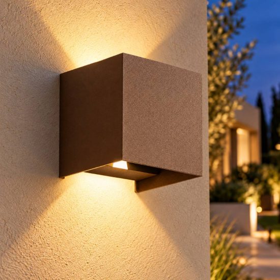 Gea luce ges860c applique da esterno quadrata biemissione marrone led 2x5w 3000k ip54