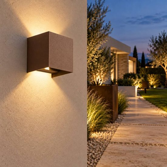 Gea luce ges860c applique da esterno quadrata biemissione marrone led 2x5w 3000k ip54