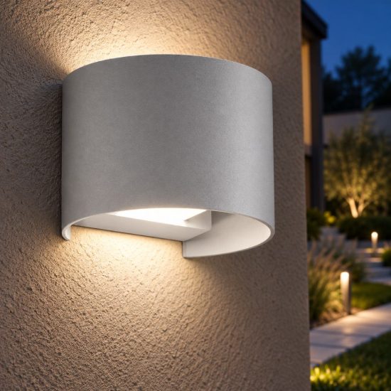 Gea luce ges871n applique da esterno curva biemissione grigio alluminio led 2x5w 3000k ip54