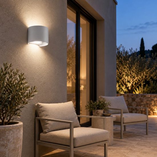 Gea luce ges871n applique da esterno curva biemissione grigio alluminio led 2x5w 3000k ip54