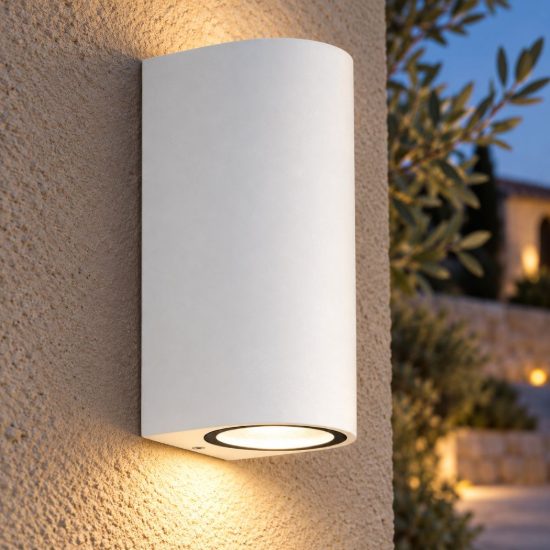Gea luce vejo applique da esterno curva biemissione bianca 2xgu10 ip44