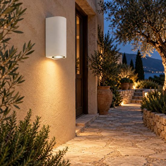 Gea luce vejo applique da esterno curva biemissione bianca 2xgu10 ip44