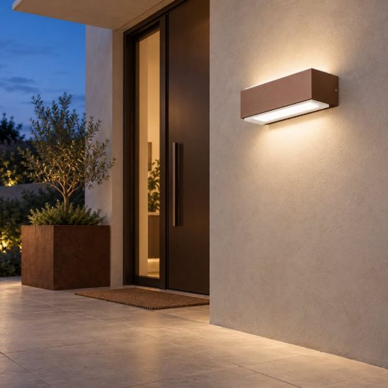 Gea luce ges960 applique da esterno biemissione piccola ruggine led 2x5w 3000k ip65