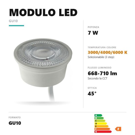 Modulo led gu10 7w a disco 3000k,4000k,6000k ottica 45° bianco con cavo gea luce