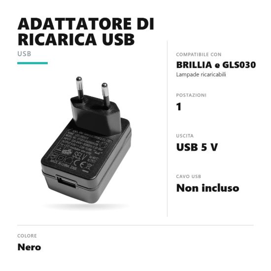 Gea luce glsad1 adattatore di ricarica usb singolo 5v per lampade brillia gls030 nero