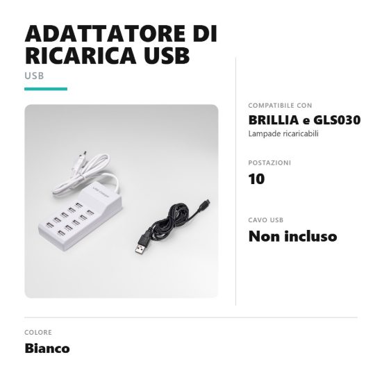 Gea luce glsad1 adattatore di ricarica usb a 10 postazioni per lampade brillia gls030 bianco