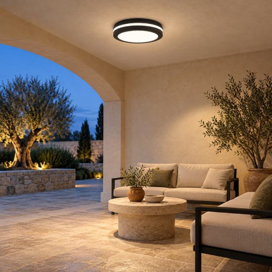 Gea luce gpl340 plafoniera da esterno moderna rotonda nera led 30w cct 3000-6000k ip65