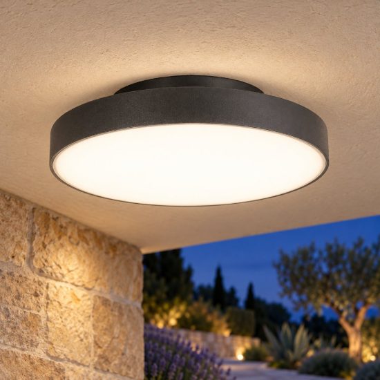 Gea luce gpl350 plafoniera da esterno rotonda piatta grigio antracite led 24w cct 3000-4000k ip65