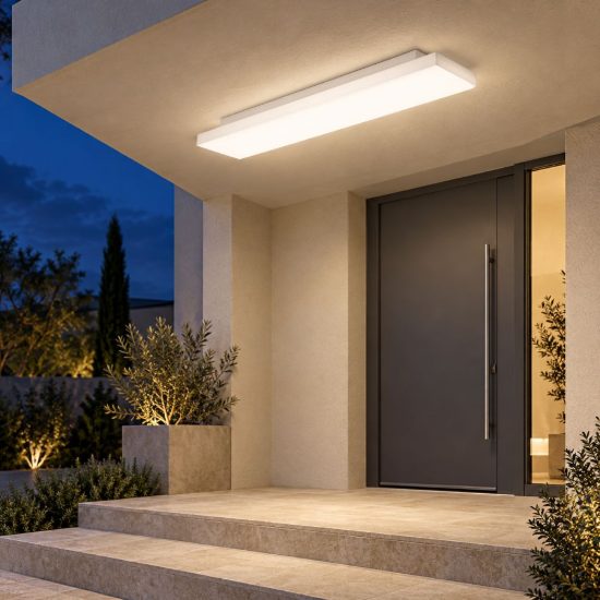 Gea luce gpl420 plafoniera da esterno lineare bianca microprismatica led 22-34w cct 3000-6000k