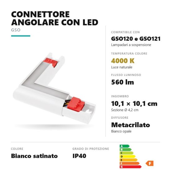 Gea luce gsog01c connettore angolare 90° led 4000k per lampadari gso120 gso121 bianco satinato