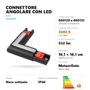 Gea luce gsog01c connettore angolare 90° led 3000k per lampadari gso120 gso121 nero satinato