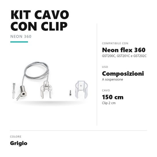 Gea luce gstc22 kit cavo di sospensione con clip per striscia led neon flex 360 grigio