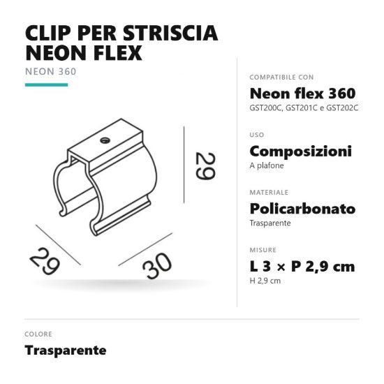 Gea luce gstc23 clip di fissaggio a plafone per striscia led neon flex 360 trasparente