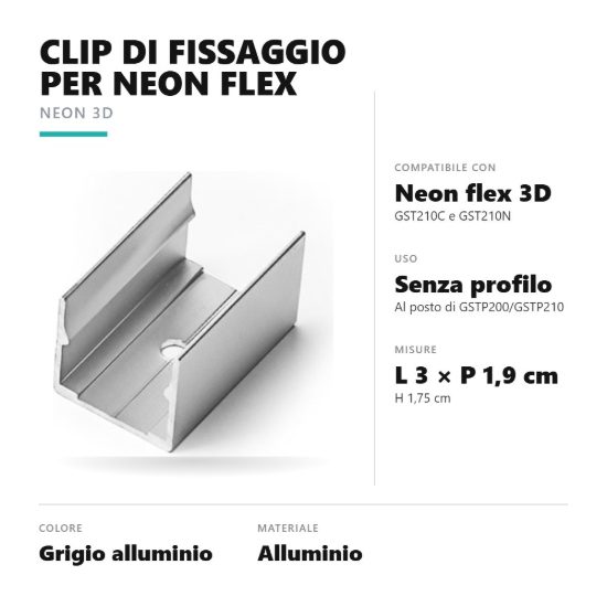 Gea luce gstc24 clip di fissaggio per striscia led neon flex 3d grigio alluminio