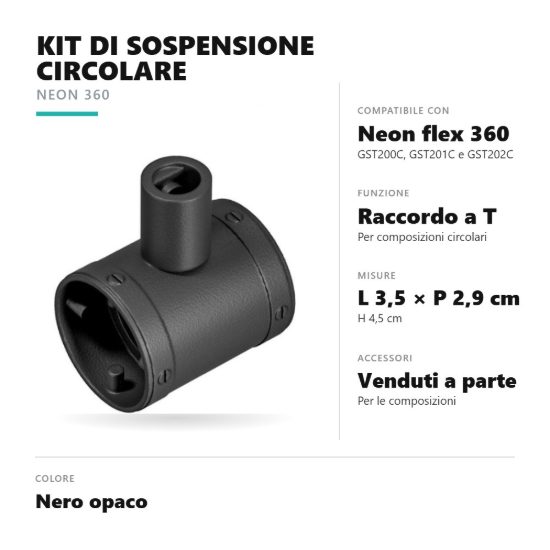 Gea luce gstks4 kit di sospensione circolare con raccordo a t per striscia led neon flex 360 nero