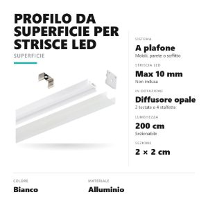 Gea luce gstp181 profilo alto da superficie per strisce led 2mt bianco