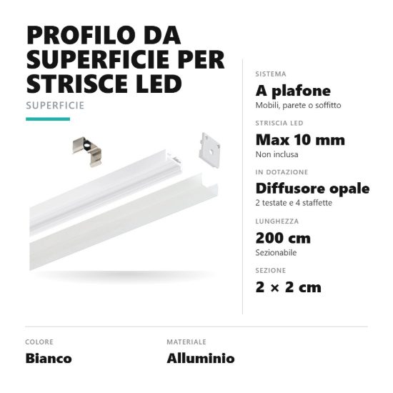 Gea luce gstp181 profilo alto da superficie per strisce led 2mt bianco