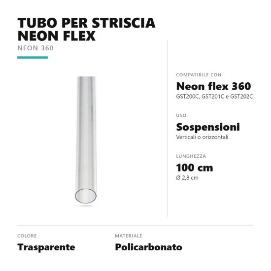 Gea luce gstp190 tubo in policarbonato per striscia led neon flex 360 1mt trasparente
