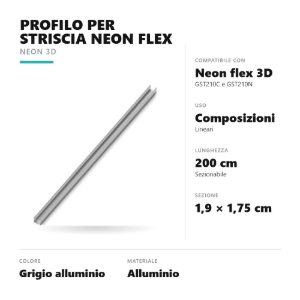 Gea luce gstp200 profilo lineare per striscia led neon flex 3d 2mt grigio alluminio