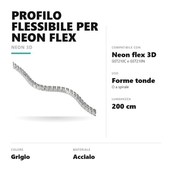 Gea luce gstp210 profilo flessibile in acciaio per striscia led neon flex 3d 2mt grigio