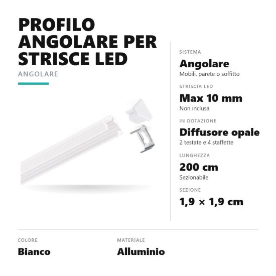 Gea luce gstp22 profilo angolare per strisce led 2mt bianco