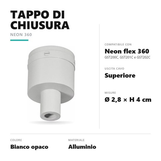 Gea luce gstpt1 tappo di chiusura con uscita cavo superiore per striscia led neon flex 360 bianco