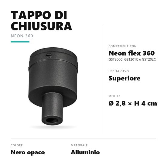 Gea luce gstpt1 tappo di chiusura con uscita cavo superiore per striscia led neon flex 360 nero