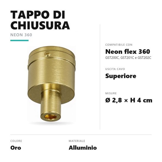 Gea luce gstpt1 tappo di chiusura con uscita cavo superiore per striscia led neon flex 360 oro