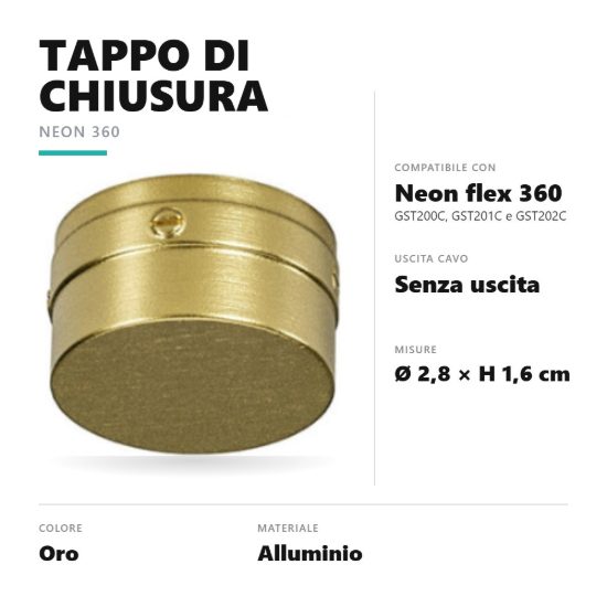Gea luce gstpt4 tappo di chiusura senza uscita cavo per striscia led neon flex 360 oro