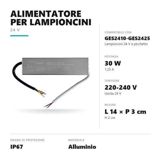 Gea luce gstt57 alimentatore 30w 24v ip67 per lampioncini da giardino 24v