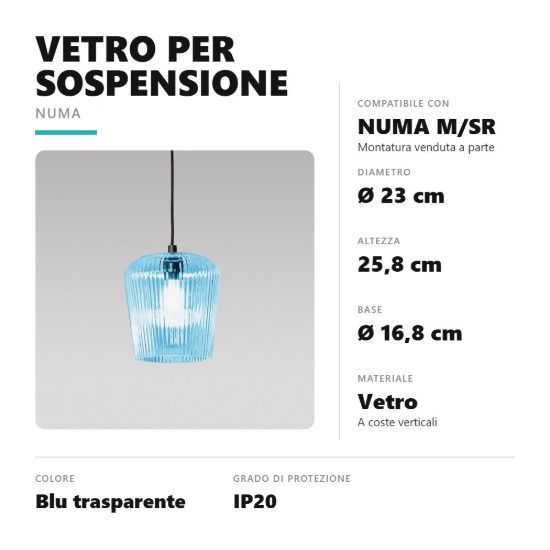 Gea luce numa diffusore in vetro per lampade a sospensione conico blu trasparente